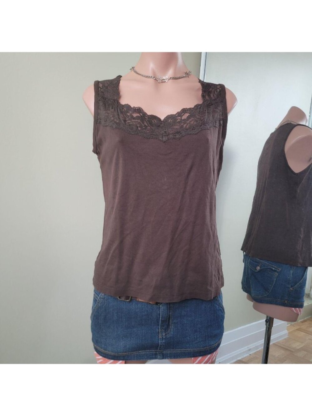 Tanjay Brown Deep V-Neck Lace Trim Cotton Tank Top (PS)